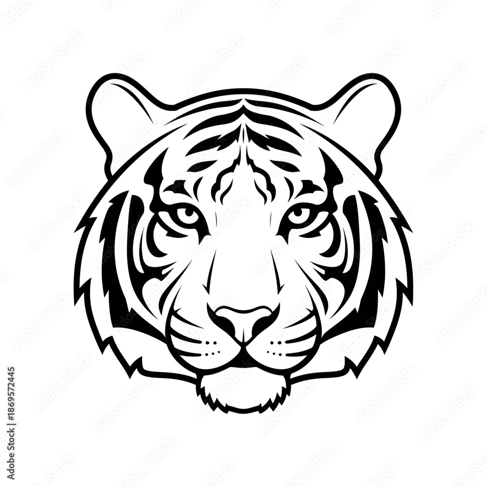 Obraz premium Black and white illustration of a tiger's face with intense gaze
