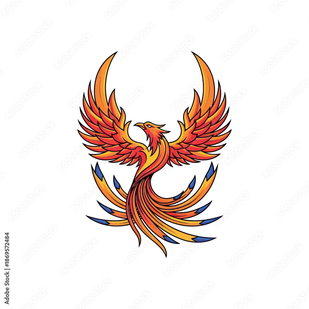 Fototapeta premium Vibrant phoenix bird spreads colorful wings in mid-air surrounded by flames and smoke outdoors.