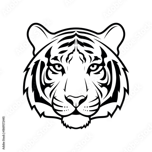 Black and white illustration of a tiger's face with intense gaze