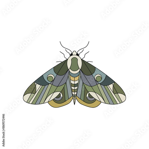 A colorful illustration of a moth with green, blue, and yellow wings on a white background.