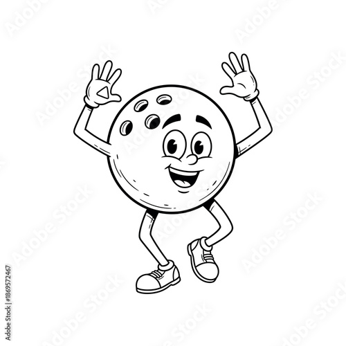A cartoon bowling ball character dances with raised hands and a smiling face.