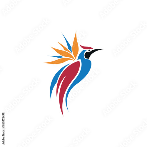 Vibrant bird illustration with colorful feathers and sunburst design elements on white background