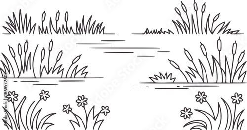 Black and line of reeds and flowers by water cattails grass