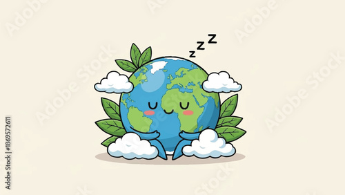 Cute cartoon Earth sleeping peacefully surrounded by clouds and leaves.