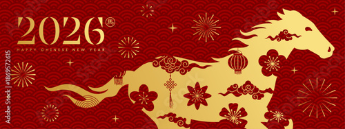 2026 Chinese New Year banner, gold horse card background