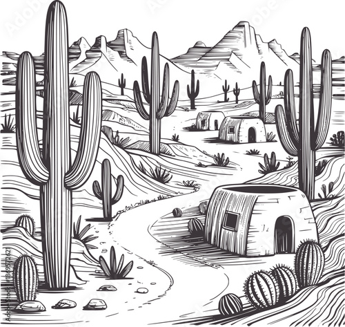 Black and desert landscape with saguaro cacti and adobe huts cactus