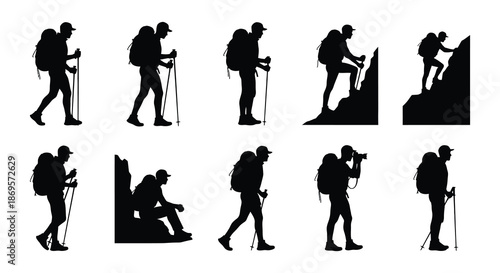 Silhouette collection of hikers mountains camping gear and a compass rose