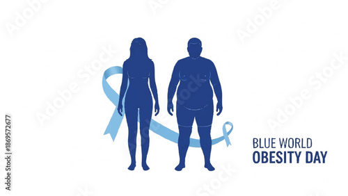 Blue World Obesity Day awareness with silhouettes and ribbon.