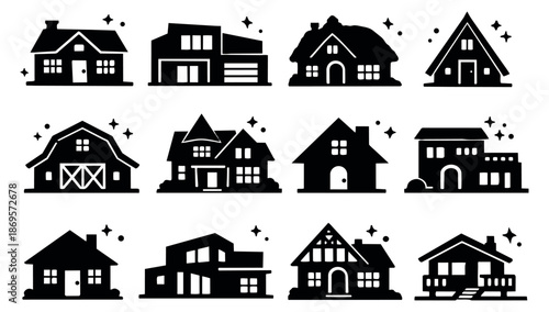Clean graphic house icons set featuring different architectural styles of residential buildings for real estate and property services