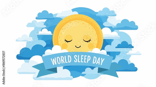 Cute sleeping sun character celebrating World Sleep Day.