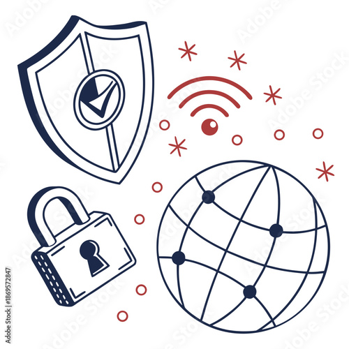Cybersecurity and Data Protection Illustration – Network Security, Privacy Shield Vector