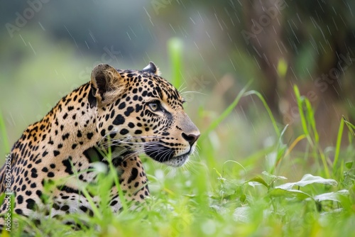 Wallpaper Mural Majestic leopard with vibrant spotted coat resting in tall green grass during a light rain shower in the African savanna. Torontodigital.ca