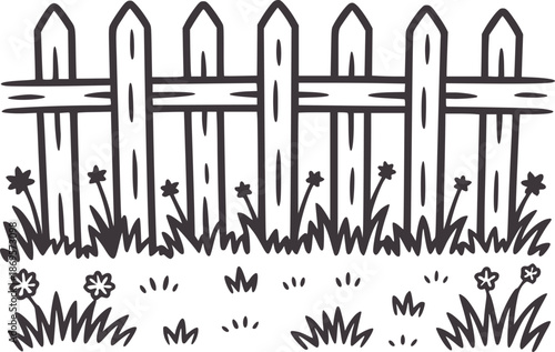 Black and simple of a wooden picket fence with grass and flowers