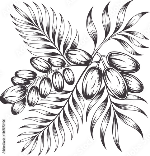 Dark gray palm fronds with oval fruit clusters