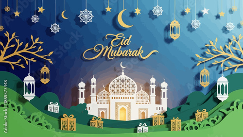 Layered Paper Cut Illustration of Eid al-Fitr, Layered Islamic Holiday Celebration Art