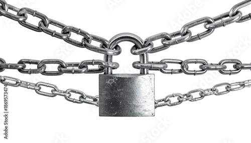 Close-up of chains secured by a silver padlock against a solid black background