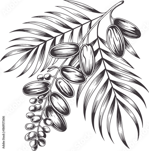 Detailed of dates a palm branch in monochrome fruit food