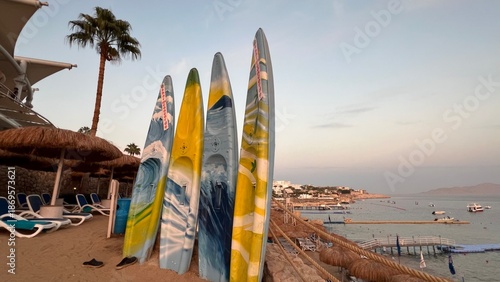 Surfboards are arranged on the beach next to a palm tree. The sun is setting, creating a colorful sky above the ocean. Boats are visible in the distance along the shore