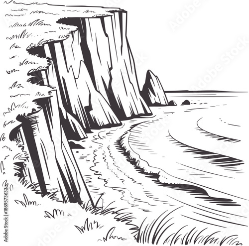 Dramatic cliff face meets sandy beach with gentle waves and grassy shore rock coast