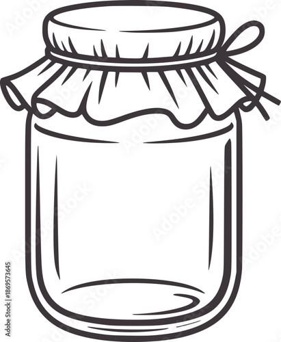 Empty glass jar with fabric lid tied with ribbon container storage