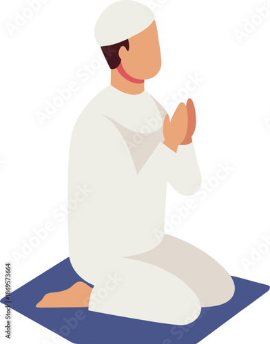 A Muslim man wearing a white cap is kneeling on a blue prayer mat, engaged in devoted prayer.