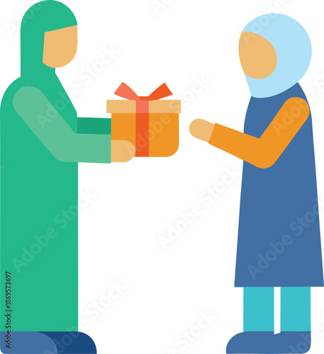 A kind person in traditional Islamic attire is presenting a wrapped gift to another individual, showing generosity.