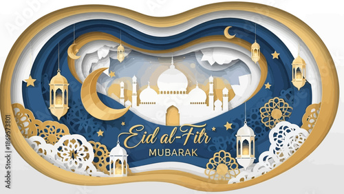 Layered Paper Cut Illustration of Eid al-Fitr, Layered Islamic Holiday Celebration Art