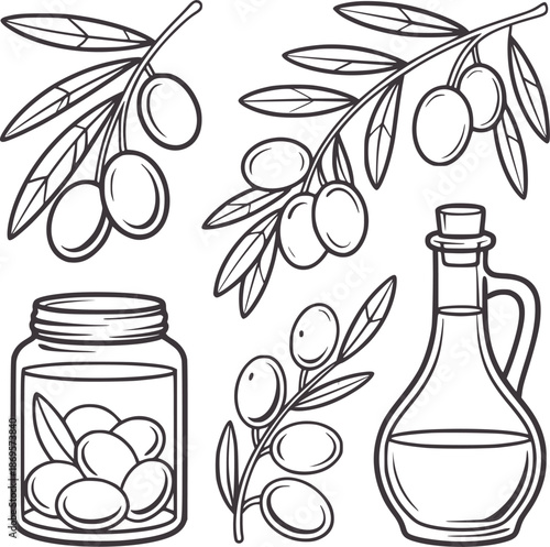 Olive branches jar of olives and bottle of olive oil line leaves