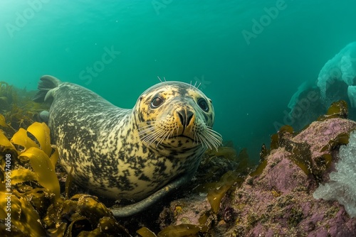 Wallpaper Mural Curious Harbor Seal Resting on the Ocean Floor Near Kelp and Coral Torontodigital.ca