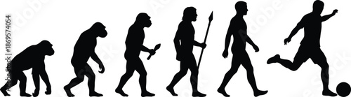 Human evolution silhouette sequence showing ape to modern man tool use progress football concept isolated on white background illustration