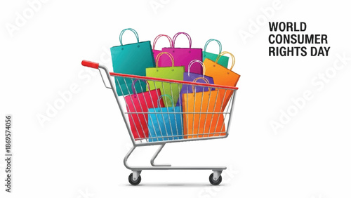 Shopping cart filled with colorful bags celebrating consumer rights day.