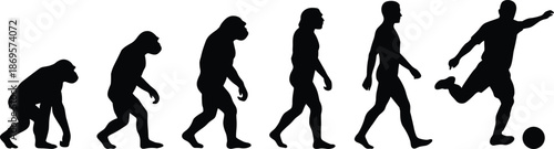 Human evolution silhouette sequence showing ape to modern man walking running football concept isolated on white background illustration