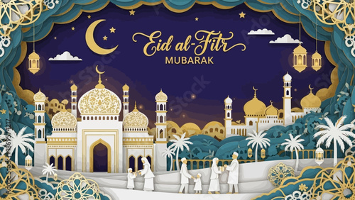 Layered Paper Cut Illustration of Eid al-Fitr, Layered Islamic Holiday Celebration Art