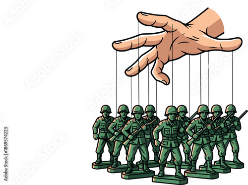 An illustration of a hand directing green toy soldiers as string puppets, isolated on white background
