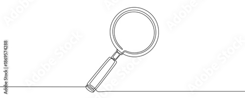 Classic magnifying glass with a round lens. Symbol of search and investigation in one line art style with editable black stroke. Vector illustration.
