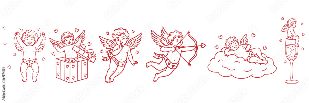 Obraz premium Valentine cherub cupid line drawing doodle set with hearts, gift, champagne