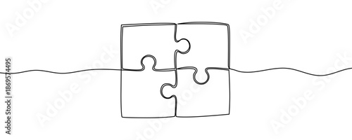 Four connected puzzle pieces forming a square. Symbol of cooperation, problem-solving or teamwork in one line art style with editable black stroke. Vector illustration.