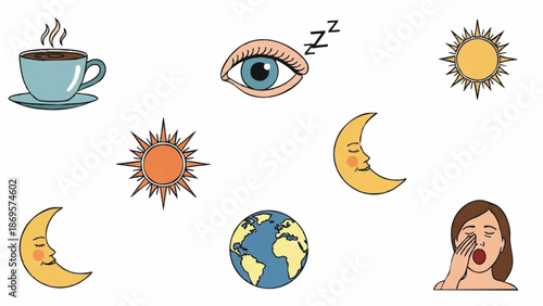 Collection of Icons Representing Sleep and Wakefulness.