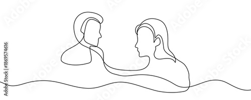 Silhouettes of a man's and a woman's profiles looking at each other. Symbol of dialogue, communication, relationship or consultation in one line art style with editable black stroke. Vector illustrati