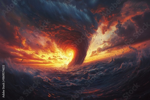 Wallpaper Mural Fire tornado over stormy ocean with giant waves and surreal sunset sky. Torontodigital.ca