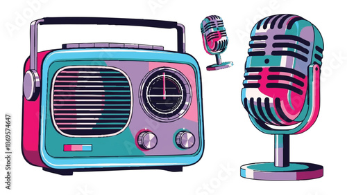Retro Radio and Vintage Microphone Illustration.