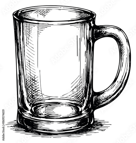Hand drawn line art illustration of a beer mug depicting an empty glass for drinks and pubs