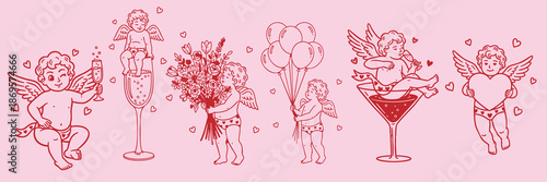 Valentine cherub cupid line drawing doodle set with hearts, flowers, champagne