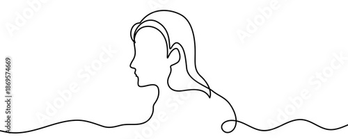 Silhouette of a woman's profile with long hair. Symbol of a woman, beauty, thought or user profile in one line art style with editable black stroke. Vector illustration.