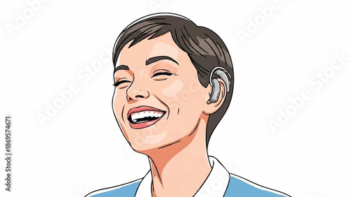 Joyful woman with hearing aid laughing with eyes closed.