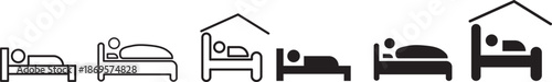 
Sleeping Person in Bed Icon Set. Sleeping People Icon Set. Hotel flat icon. Sleeping shelter sign. Healthy lifestyle symbol. Sleeping People on transparent background
