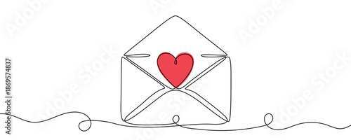 Open envelope with a red stylized heart inside. Symbol of love, romance, letter or message for Valentine's Day in one line art style with editable black stroke. Vector illustration.