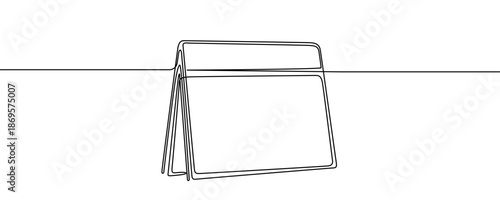 Table tent card or desk stand sign with a blank field. Symbol of reservation, special offer, marketing or informational pointer in one line art style with editable black stroke. Vector illustration.