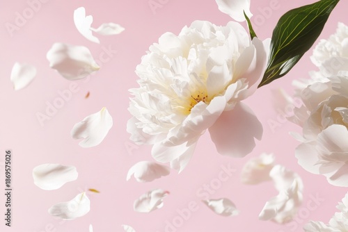 Wallpaper Mural Elegant White Peony Flowers with Falling Petals on a Soft Pink Background Torontodigital.ca
