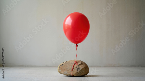 Red balloon tied to heavy rock concept illustrating contrast between lightness and weight, limitation versus freedom, resilience, emotional burden, inner strength, mental health and perseverance